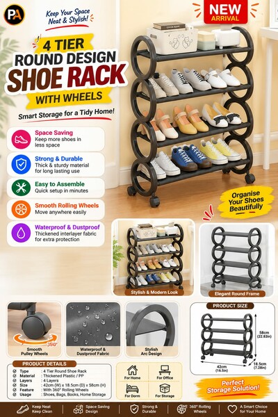 4 Tier Round Design Shoe Rack with Wheels 